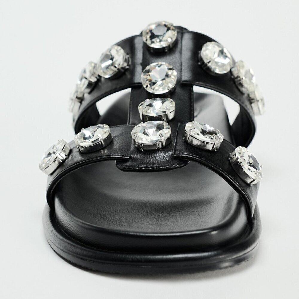 ZARA Black Crystal Embellished Flat Sandals NWT Double Strap Gem Slides Size 7.5 - Picture 15 of 16